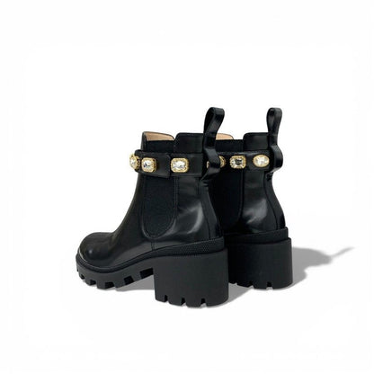 Gucci Short Boots Shoes Leather Black Double Bijoux Belt Side Gore GG Marmont