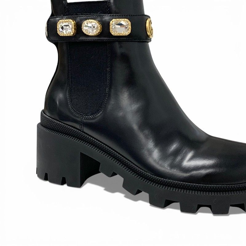 Gucci Short Boots Shoes Leather Black Double Bijoux Belt Side Gore GG Marmont