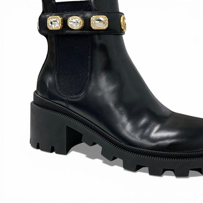 Gucci Short Boots Shoes Leather Black Double Bijoux Belt Side Gore GG Marmont