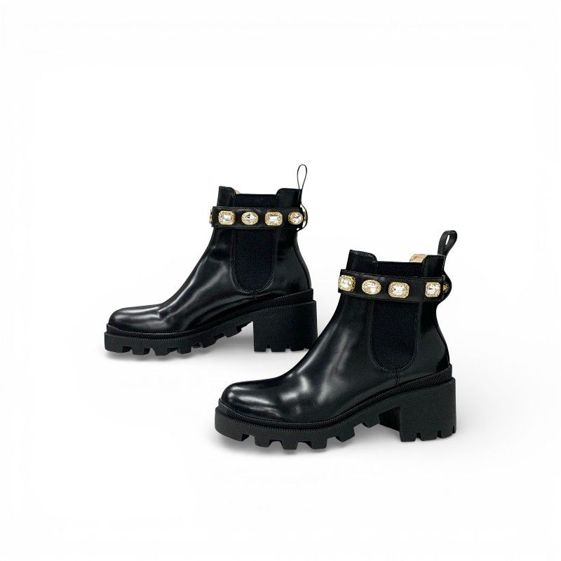 Gucci Short Boots Shoes Leather Black Double Bijoux Belt Side Gore GG Marmont