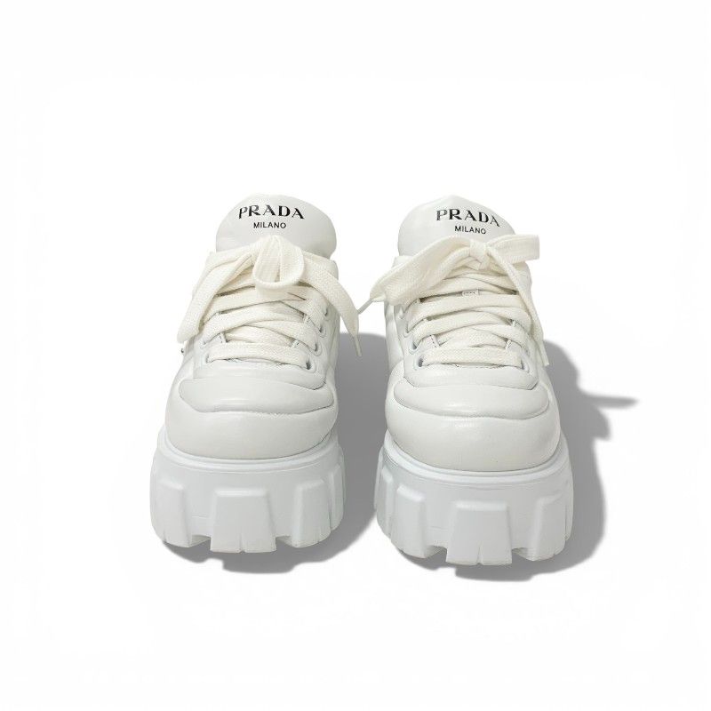 Prada Sneakers Shoes Leather White Triangle Logo Lace Up