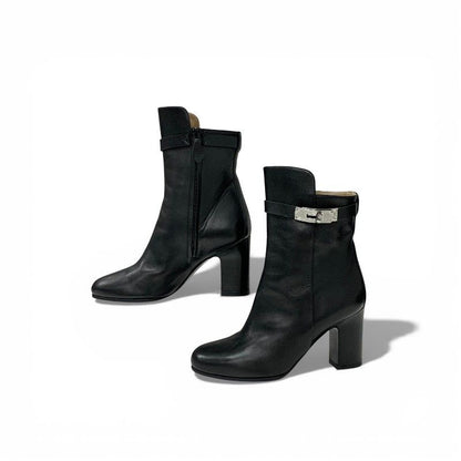 Hermes Short Boots Shoes Leather Black Silver Kelly