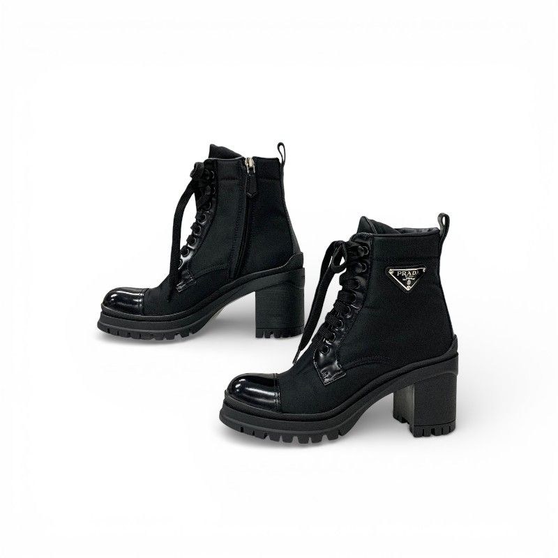 Prada Re-Nylon Short Boots Shoes Leather Black Triangle Logo