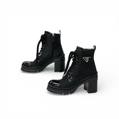 Prada Re-Nylon Short Boots Shoes Leather Black Triangle Logo