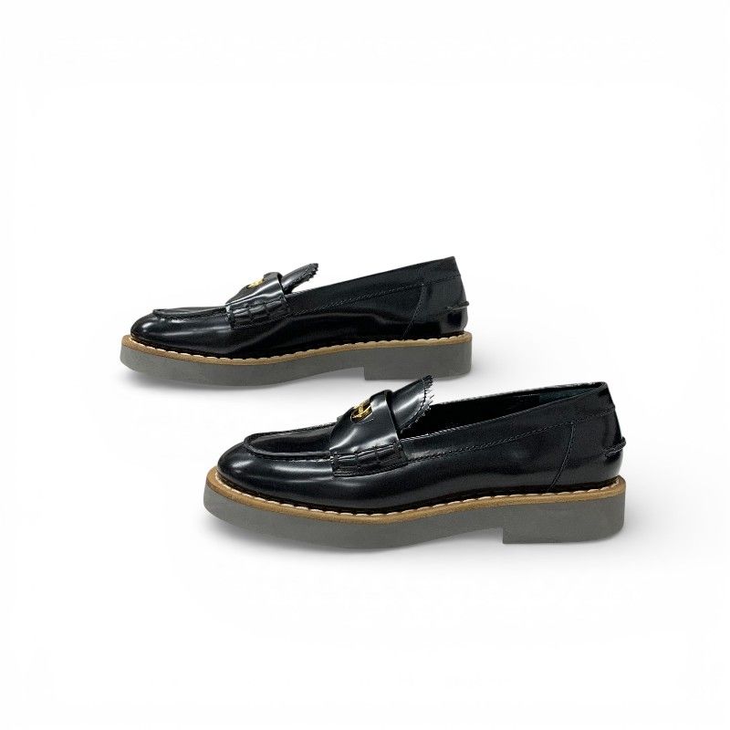 Miu Miu Miu Loafers Leather Shoes Black Gold Logo Coin Penny