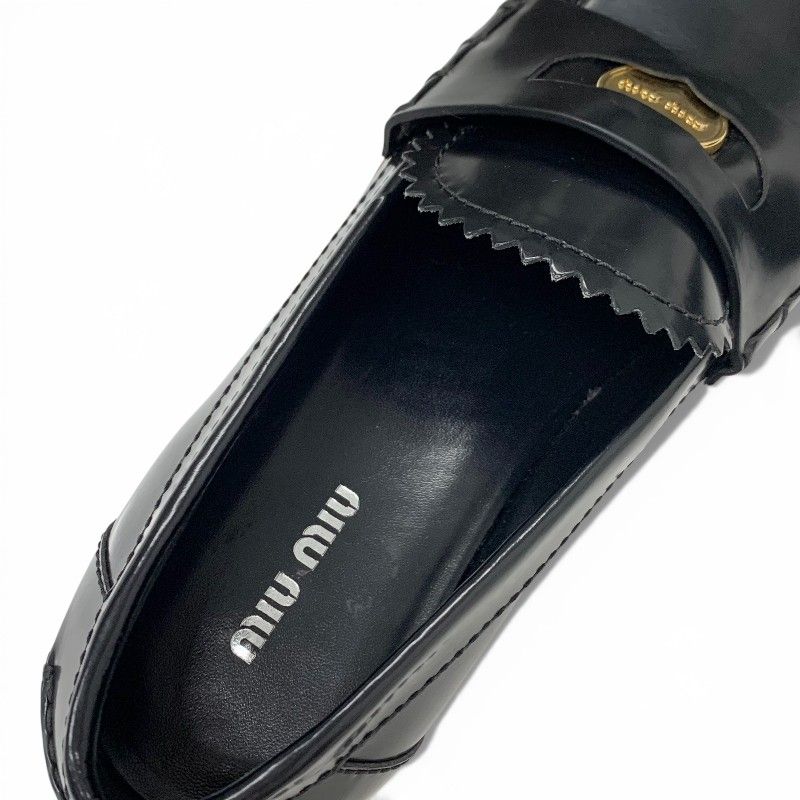 Miu Miu Miu Loafers Leather Shoes Black Gold Logo Coin Penny