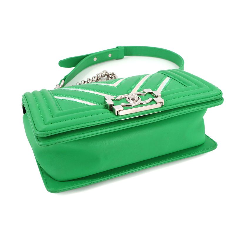 Chanel Small Chain Shoulder Bag Lambskin Green Silver
