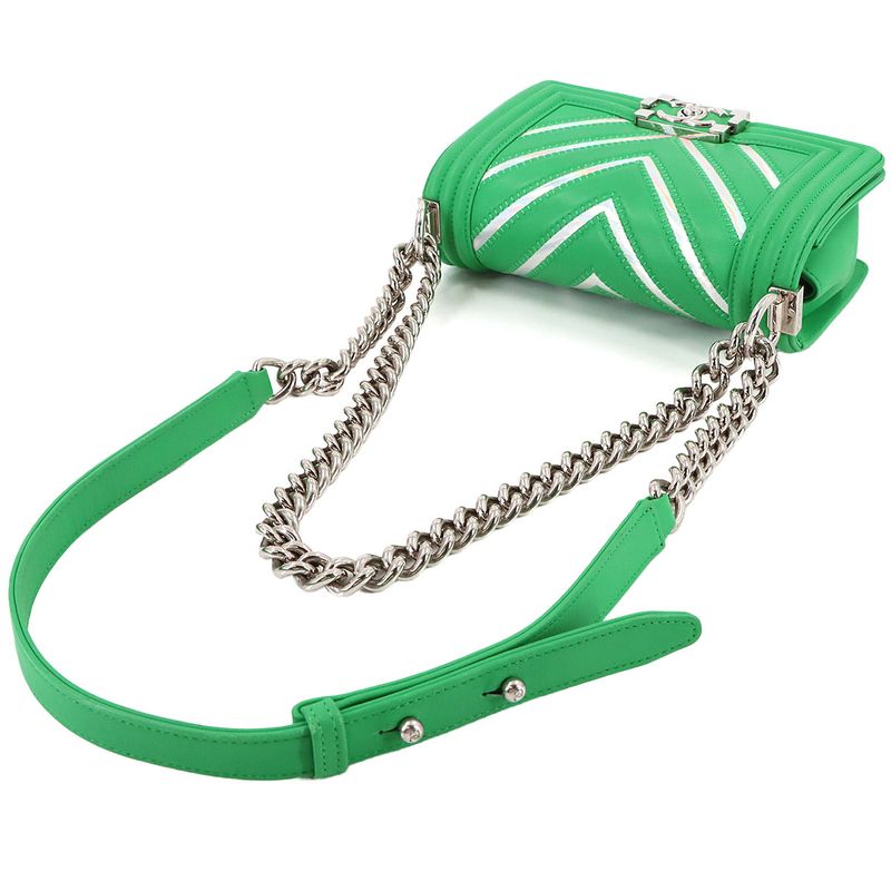 Chanel Small Chain Shoulder Bag Lambskin Green Silver