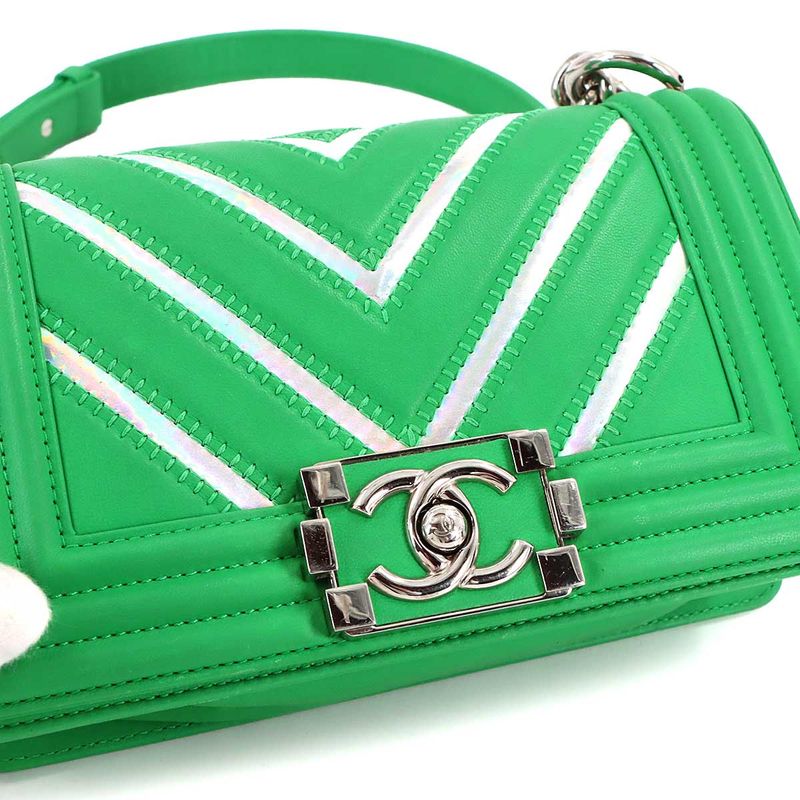 Chanel Small Chain Shoulder Bag Lambskin Green Silver