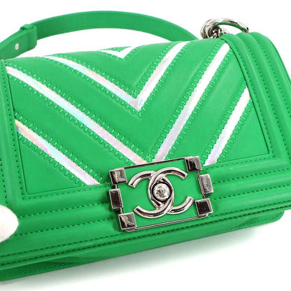 Chanel Small Chain Shoulder Bag Lambskin Green Silver