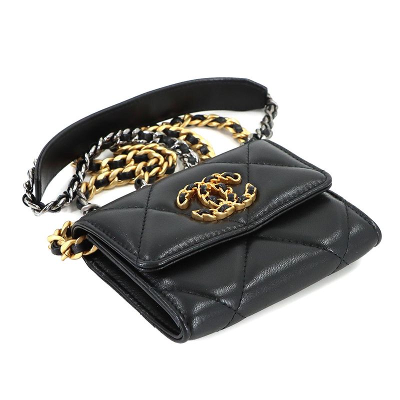 Chanel 19 Flap Coin Purse Chain Case Leather Black