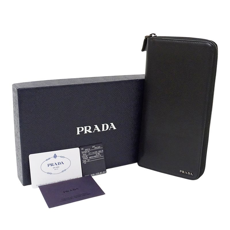 Prada Wallet Leather Black Zip Around Logo