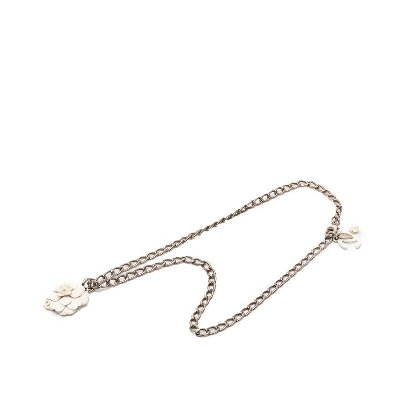 Chanel Camellia CC Logo Chain Pendant Necklace White Silver Metal Enamel
