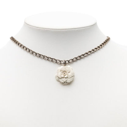 Chanel Camellia CC Logo Chain Pendant Necklace White Silver Metal Enamel