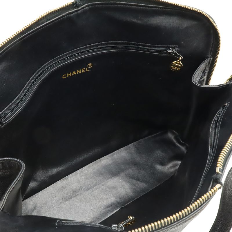Chanel CC Logo Chain Tote Shoulder Bag Caviar Leather Black Gold