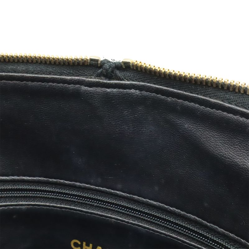 Chanel CC Logo Chain Tote Shoulder Bag Caviar Leather Black Gold