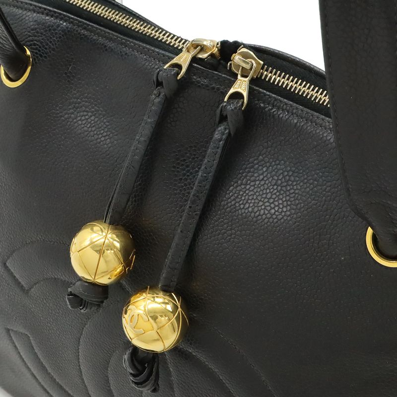 Chanel CC Logo Chain Tote Shoulder Bag Caviar Leather Black Gold