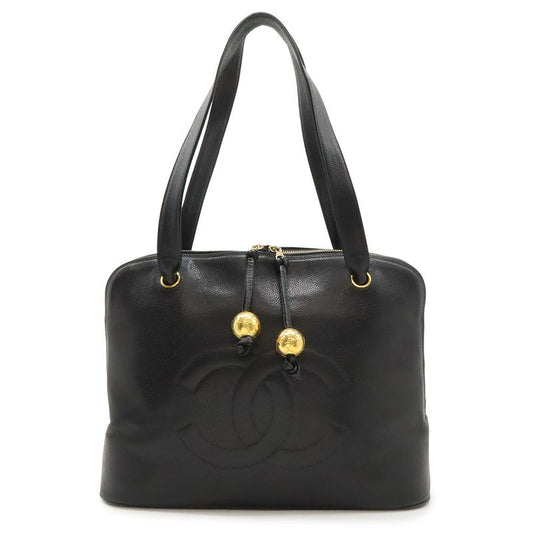 Chanel CC Logo Chain Tote Shoulder Bag Caviar Leather Black Gold