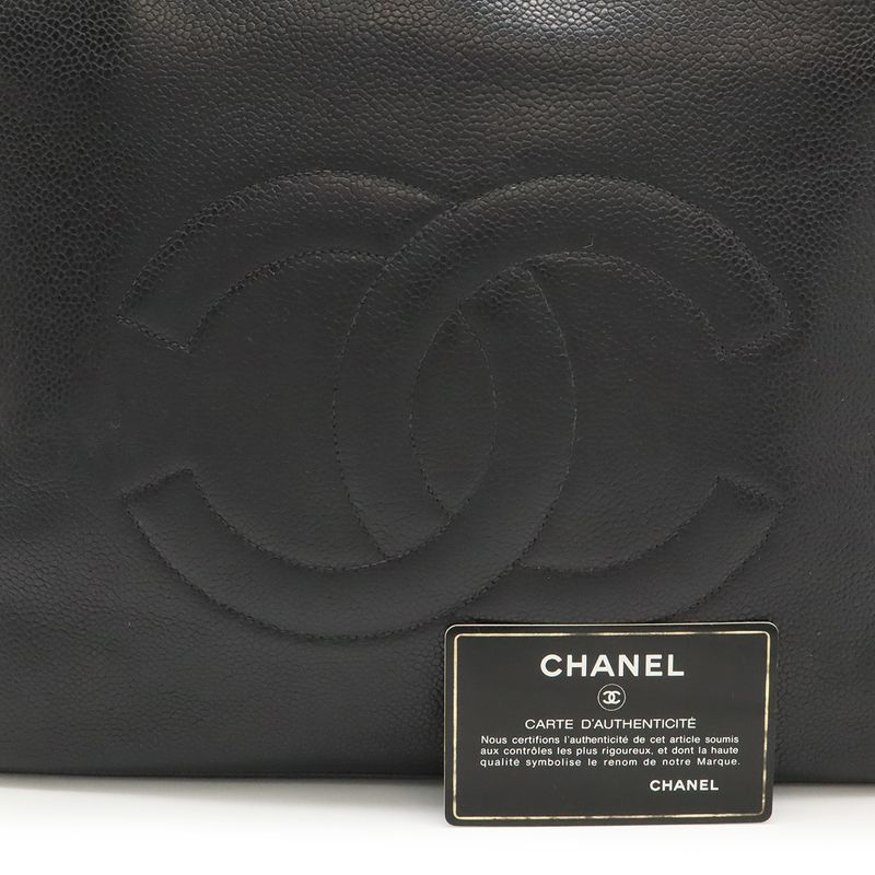 Chanel CC Logo Chain Tote Shoulder Bag Caviar Leather Black Gold