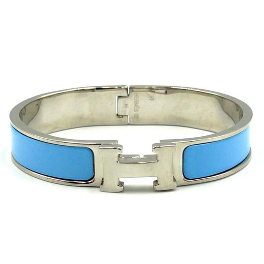 Hermes Click Metal Silver Blue Bangle Bracelet