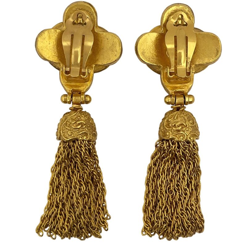 Chanel CC Logo Earrings Fringe Gold Plated