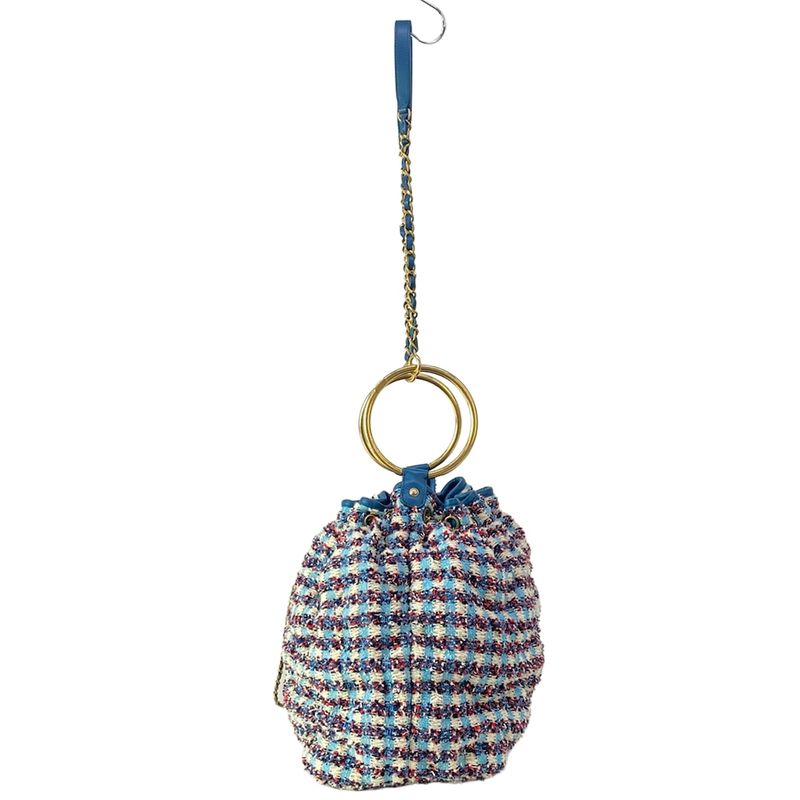 Chanel Shoulder Bag Drawstring White Light Blue Navy