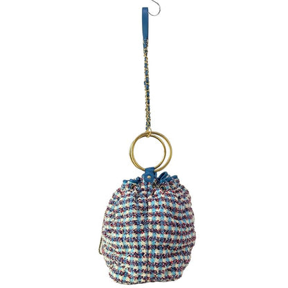 Chanel Shoulder Bag Drawstring White Light Blue Navy