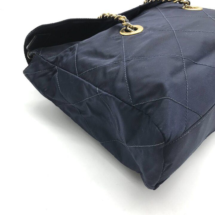 Prada Nylon Tessuto Triangle Logo Quilted Chain Tote Navy