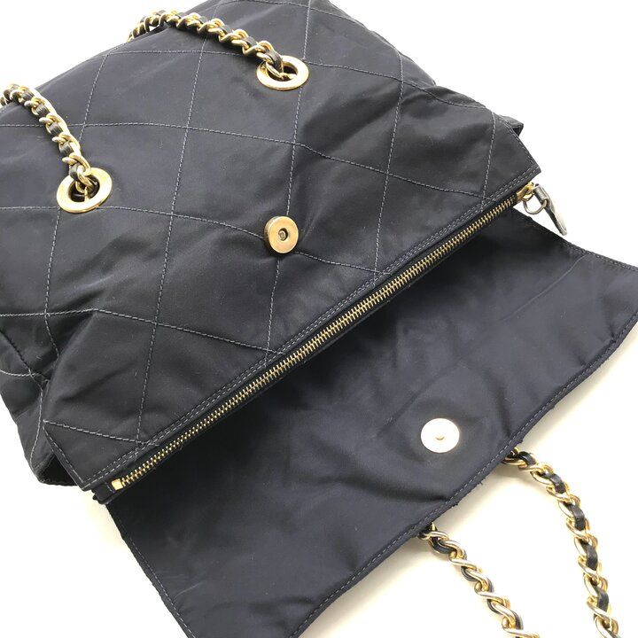Prada Nylon Tessuto Triangle Logo Quilted Chain Tote Navy