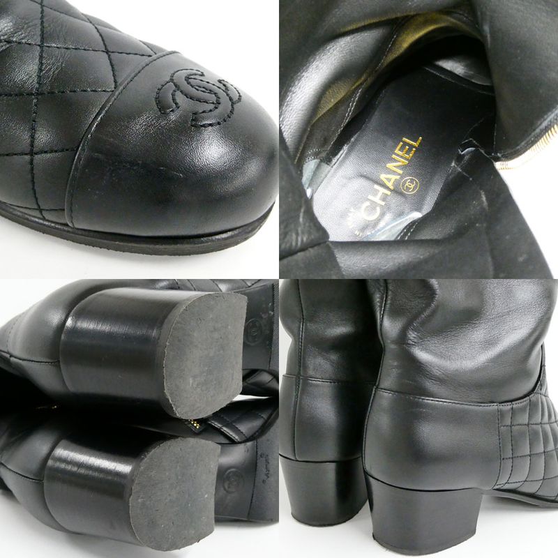 Chanel Chain Long Boots 38.5 Black Gold Quilted Shoes