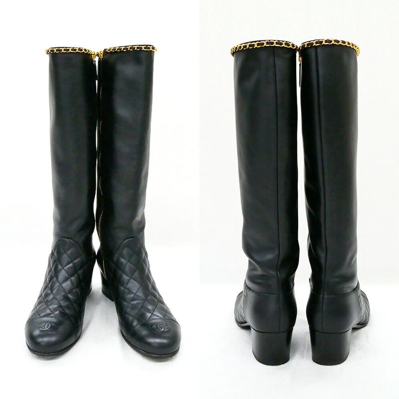 Chanel Chain Long Boots 38.5 Black Gold Quilted Shoes