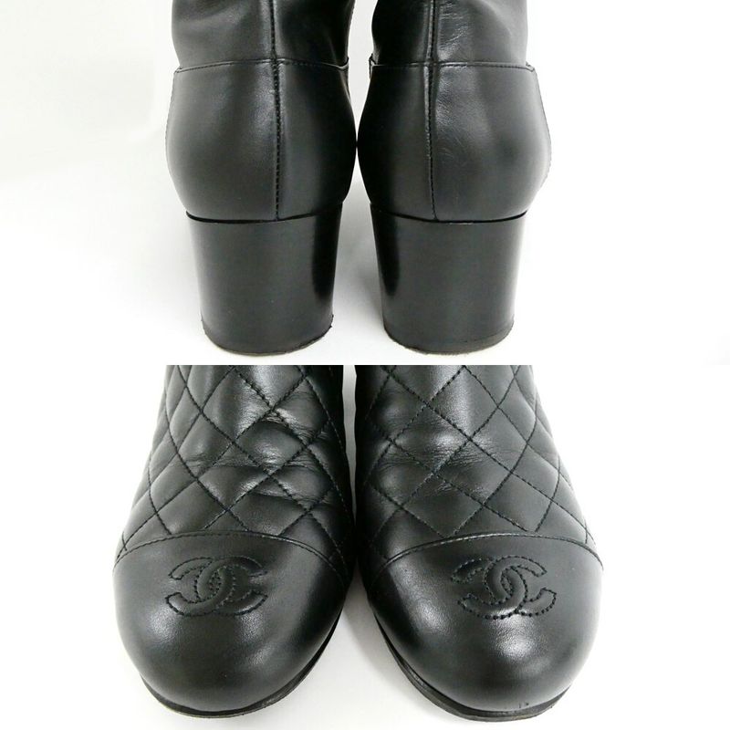 Chanel Chain Long Boots 38.5 Black Gold Quilted Shoes