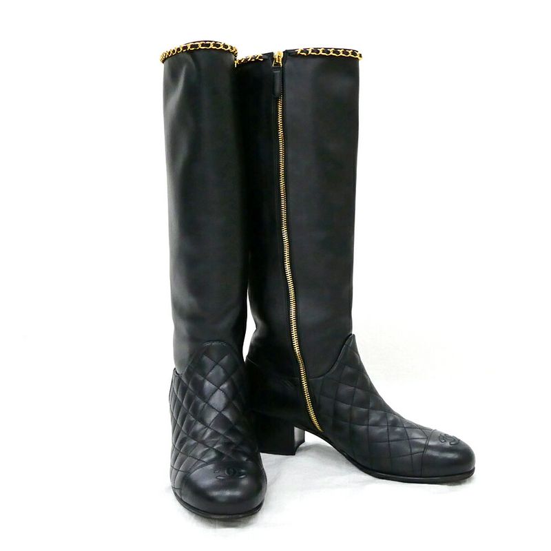 Chanel Chain Long Boots 38.5 Black Gold Quilted Shoes