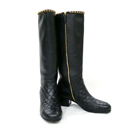 Chanel Chain Long Boots 38.5 Black Gold Quilted Shoes