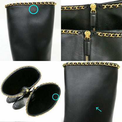 Chanel Chain Long Boots 38.5 Black Gold Quilted Shoes