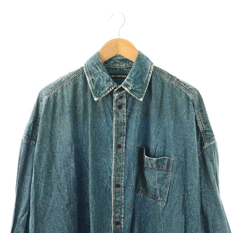 Balenciaga Transfer Print Long Sleeve Denim Shirt S Indigo CX