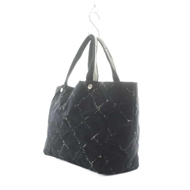 Chanel Travel Line Tote Nylon Black Plaid Pattern RI