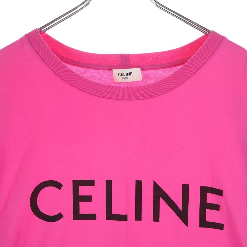 Celine Front Logo Print Crew Neck Short Sleeve T-Shirt Pink