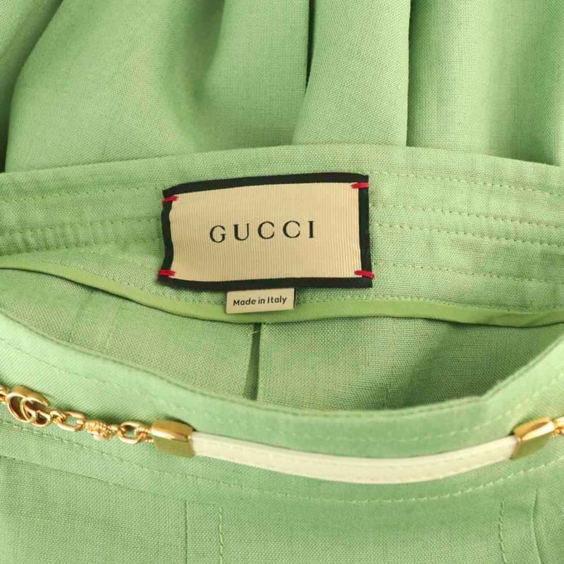 Gucci GG Marmont Chain Printed Skirt Fleece Linen Blend Slit 38 Green CX