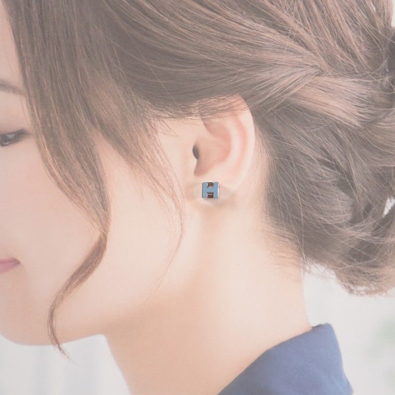 Hermes Cage d'H Cube Earrings Stud Both Ears Metal Blue Silver