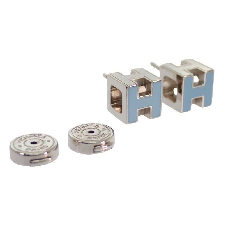 Hermes Cage d'H Cube Earrings Stud Both Ears Metal Blue Silver