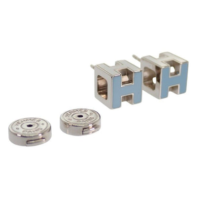 Hermes Cage d'H Cube Earrings Stud Both Ears Metal Blue Silver