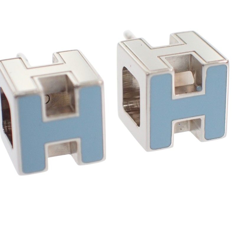 Hermes Cage d'H Cube Earrings Stud Both Ears Metal Blue Silver