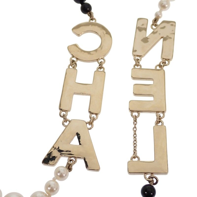 Chanel CC Logo Pearl Long Necklace Metal Faux Black White Gold