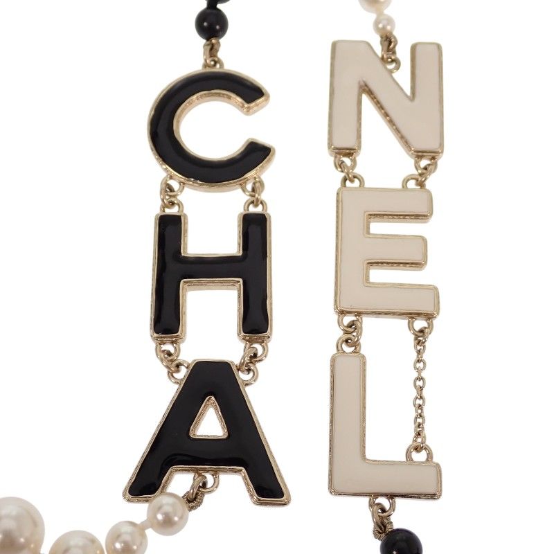 Chanel CC Logo Pearl Long Necklace Metal Faux Black White Gold