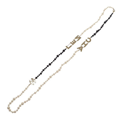Chanel CC Logo Pearl Long Necklace Metal Faux Black White Gold