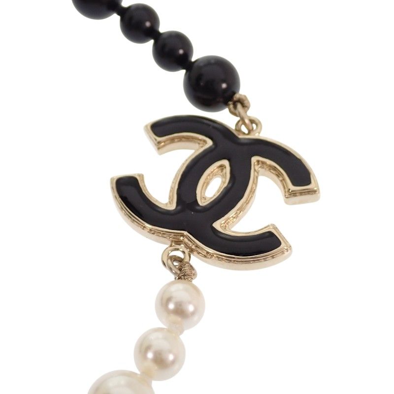 Chanel CC Logo Pearl Long Necklace Metal Faux Black White Gold