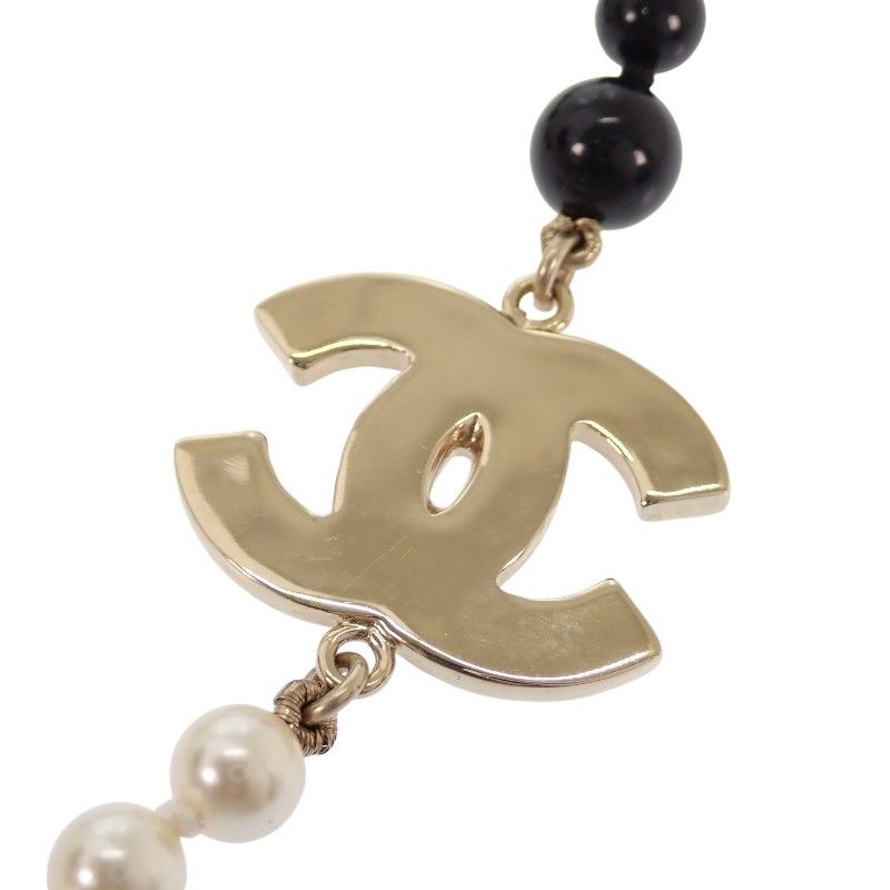 Chanel CC Logo Pearl Long Necklace Metal Faux Black White Gold