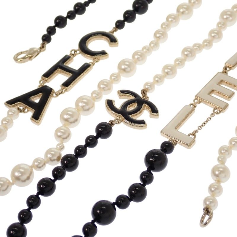Chanel CC Logo Pearl Long Necklace Metal Faux Black White Gold