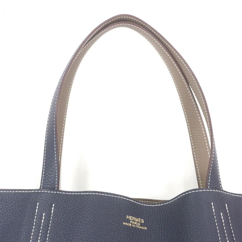 Hermes Double Sens 45 Taurillon Clemence Leather Tote Etoupe Bourg Nuit